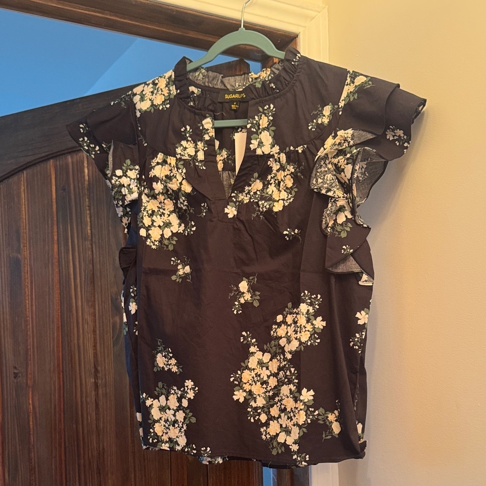 Sugarlips Black Floral Ruffle Blouse